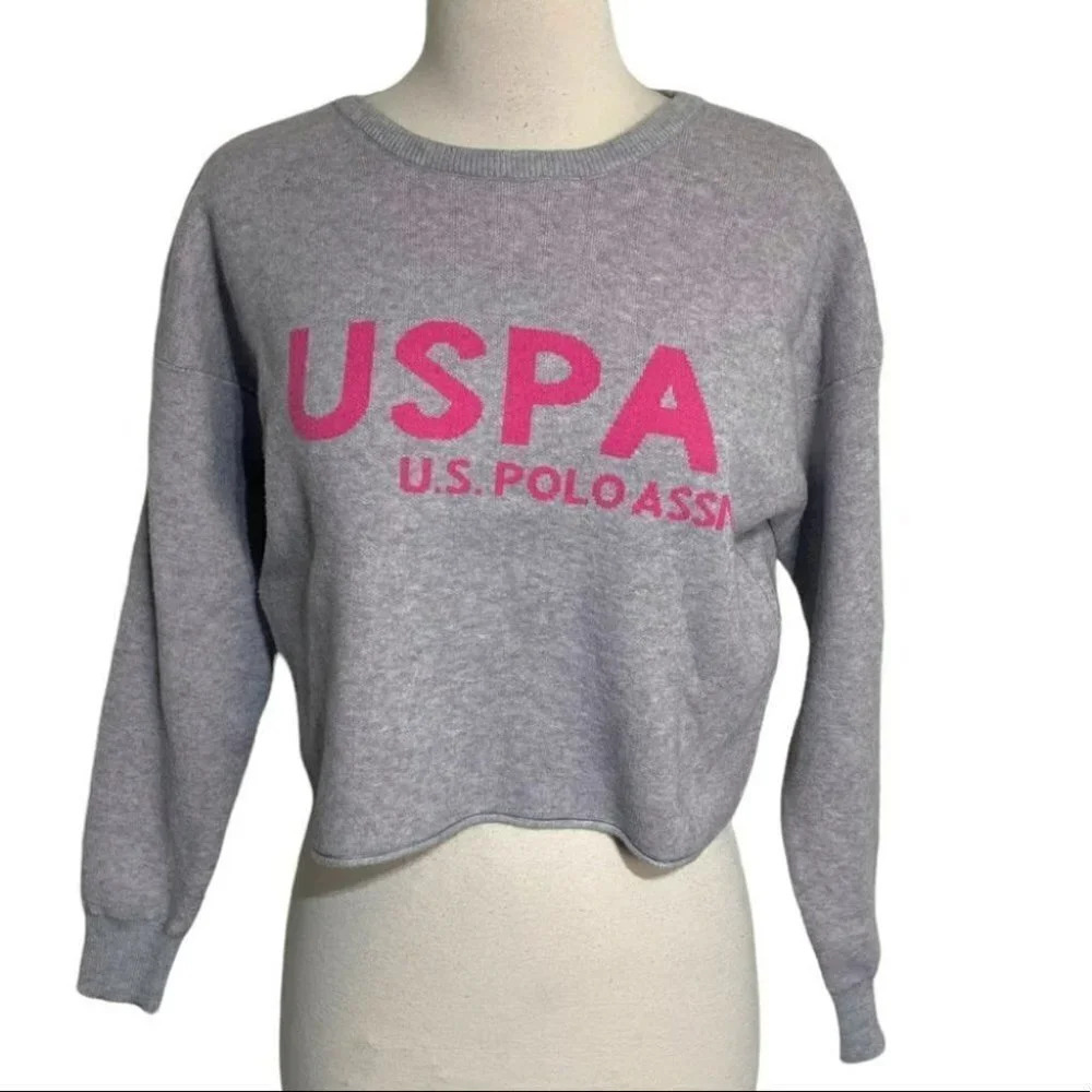 US POLO ASSN Cropped Sweater Gray Pink Logo Long Sleeve Women's Size S